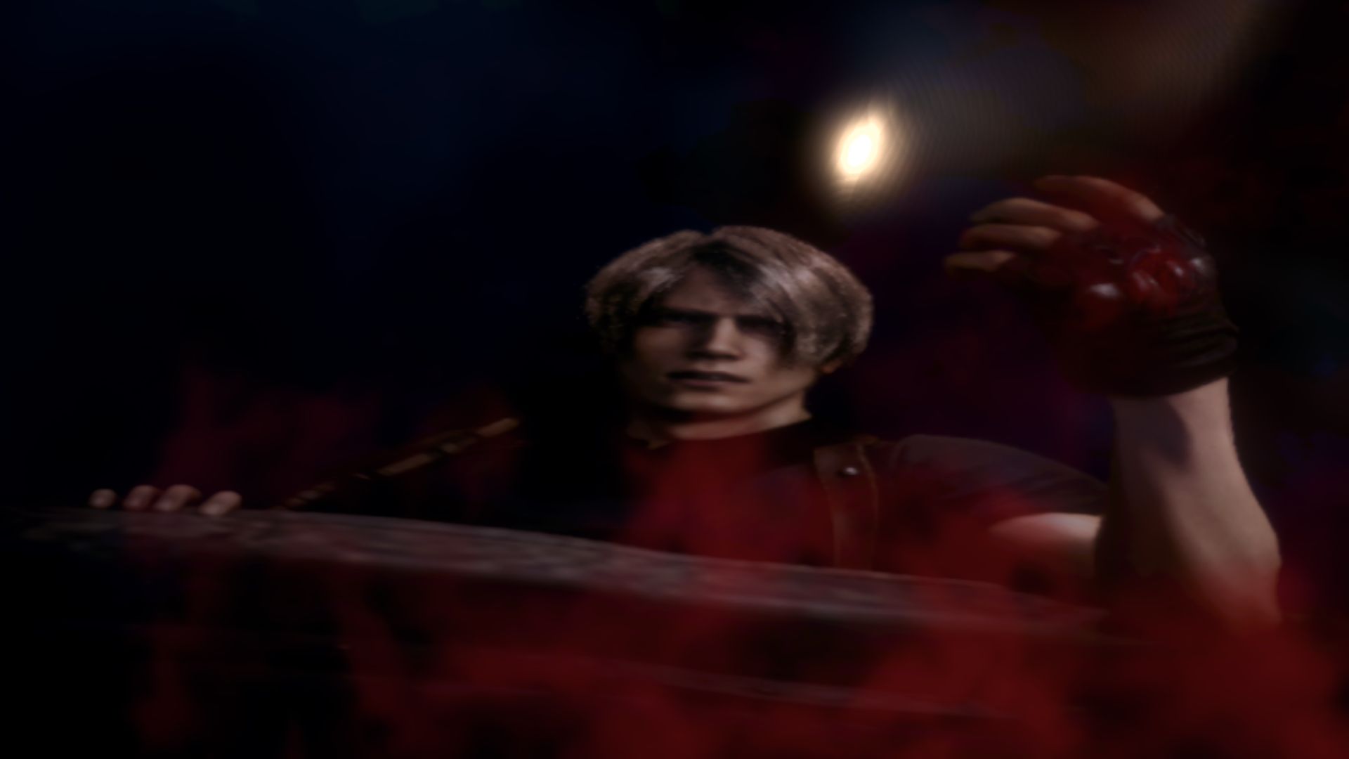 Leon looks at his blood-stained reflection in Resident Evil 4 for Nintendo Switch 2