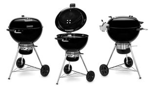 Weber Master Touch Premium E-5775 barbecue shown with lid open and closed on white background