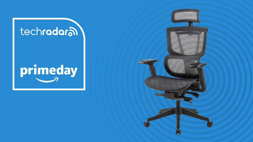 Office chair against a blue background with a TechRadar Prime Day badge