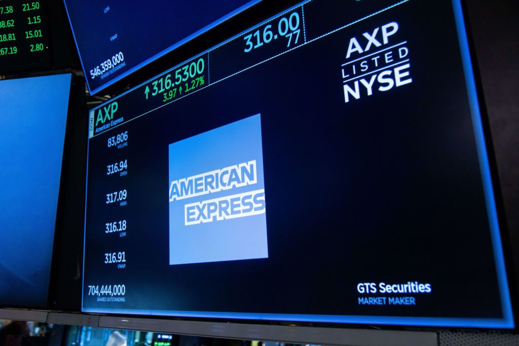 American Express Co. signage on the floor of the New York Stock Exchange (NYSE) 