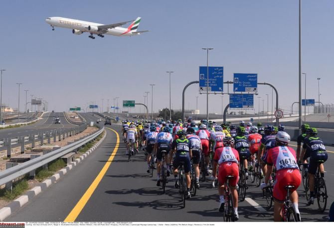 The peloton in action during stage 3 at the Dubai Tour