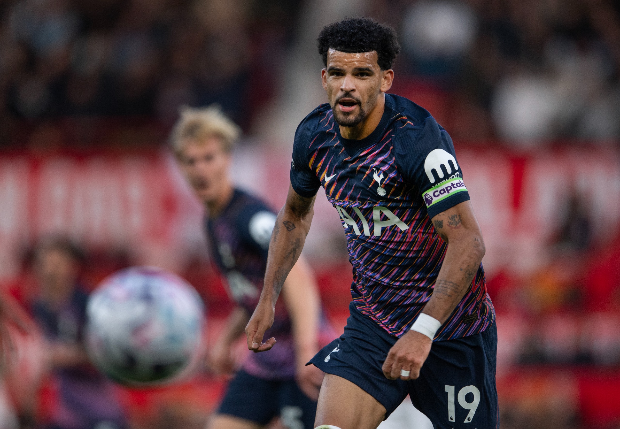 Dominic Solanke of Tottenham Hotspur in action against Manchester United on October 10, 2026 in Manchester, England.