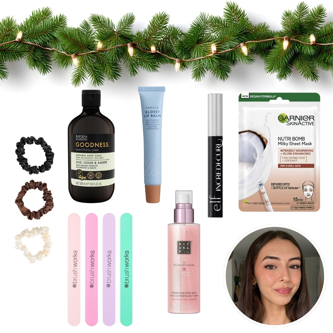 Green garland at top of image, a collage of beauty stocking fillers, with circular photo of Sennen Prickett in bottom right