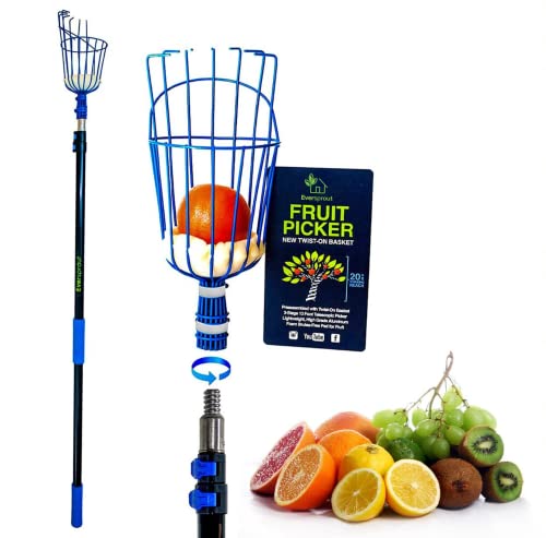 Eversprout 4.5-To-12ft Durable Fruit Picker With 20+ Foot Reach &amp;ndash; Telescoping Fruit Picker Pole, Lightweight Twist-On Fruit Picking Tool With Basket, Aluminium Extension Pole for Tree Fruit Harvesting