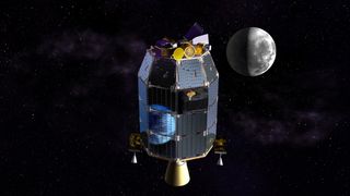 This is an artist's depiction of NASA's Lunar Atmosphere and Dust Environment Explorer (LADEE) observatory in space with the moon in the distance. Image released July 23, 2013.