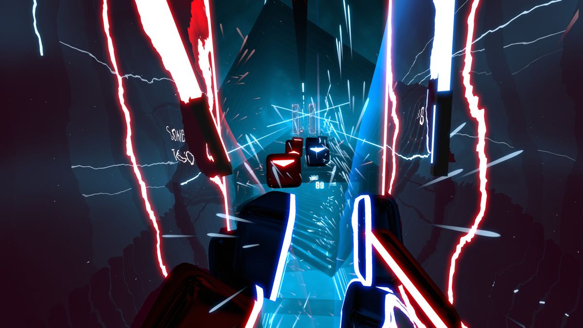 Beat Saber gameplay showing slashed blue and red tiles