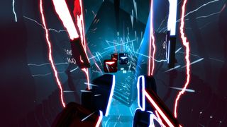 Beat Saber gameplay showing slashed blue and red tiles