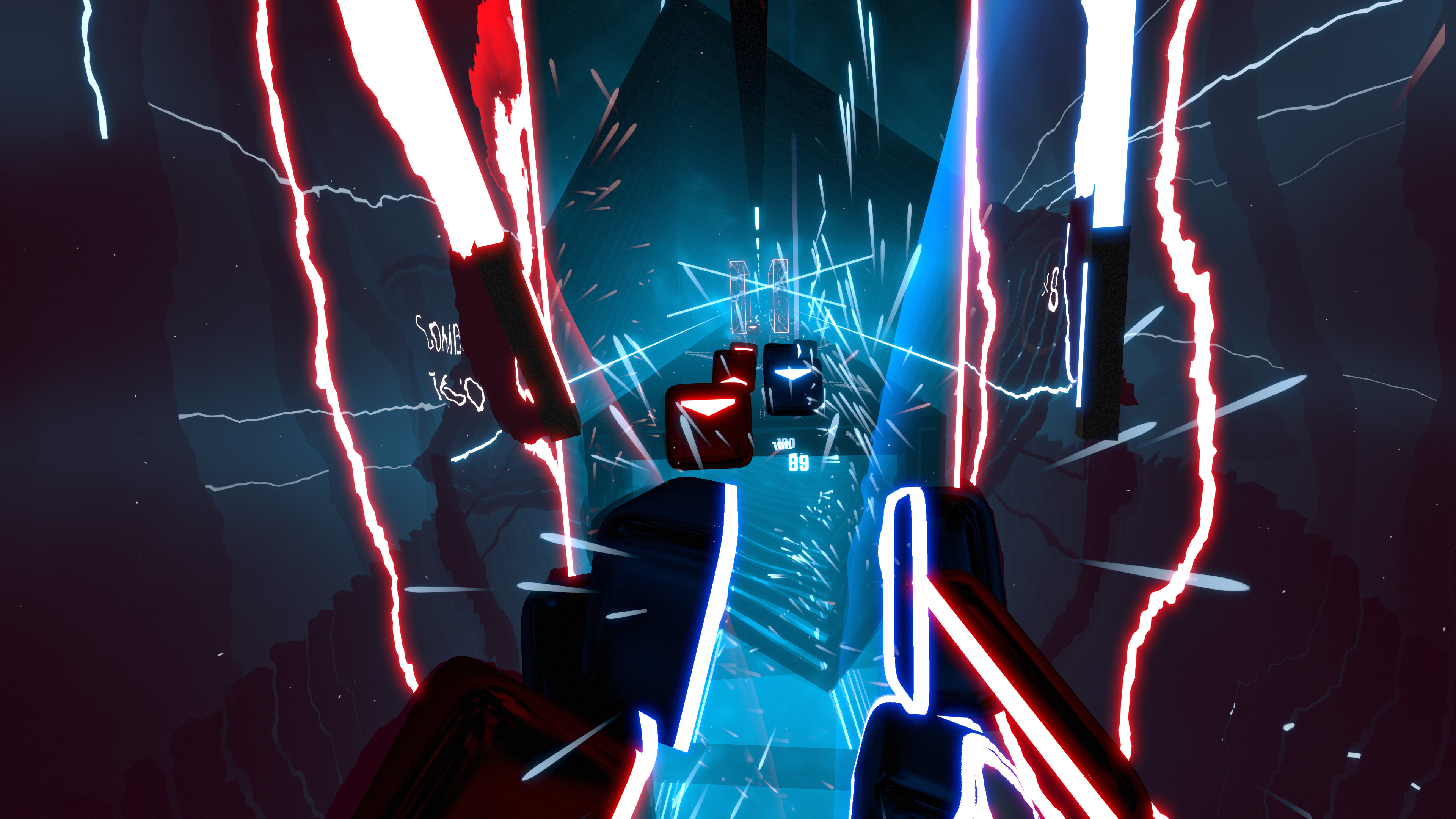 Beat Saber gameplay showing colored tiles and lightsabers