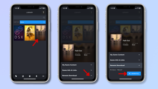 The first screenshot shows a game library in the Steam app on iPhone. The second screenshot shows a game selected with a red arrow pointing at Remote Download. The third screenshot has a red arrow pointing at Uninstall. 