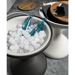 ice bucket with ice cubes and bottles in it