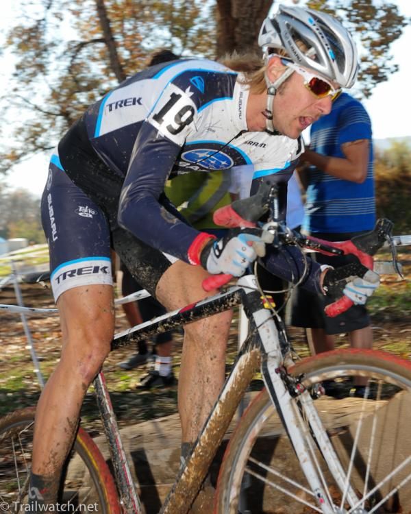 Jeremy Horgan-Kobelski (Subaru-Trek) riding with the leaders in the woods