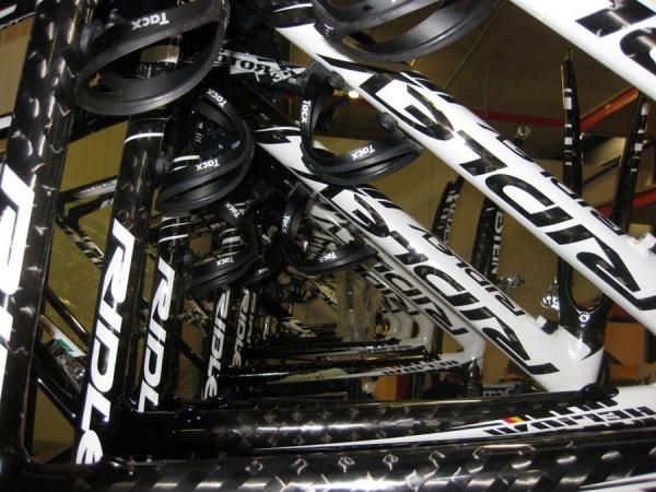 A fleet of new Ridley Helium carbon frames await assembly for the Vacansoleil team.