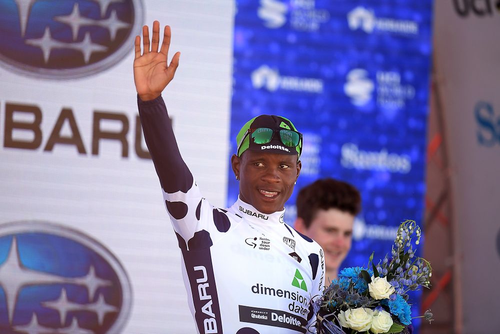 Nicholas Dlamini on the stage 3 podium to collect the Tour Down Under KOM jersey