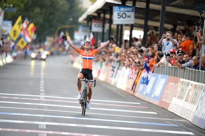 Marianne Vos (Netherlands) wins the third road world chamionship of her career. Since her first road Worlds in 2006 she's never finished lower than second place.