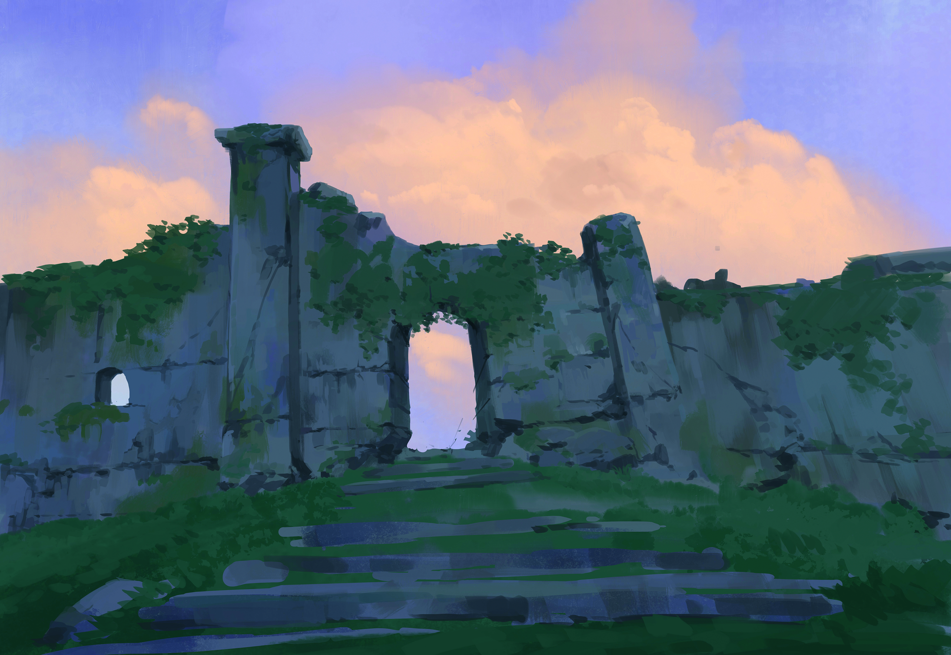 Digital art in progress from a matte painting tutorial
