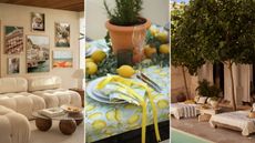 Amalficore is so chic. Here are three pictures of it - a living room with a white cushioned couch, coastal wall art, and a glass coffee table, a lemon dining table with white plates and lemons on it, and an outdoor space with white sunloungers and a swimming pool