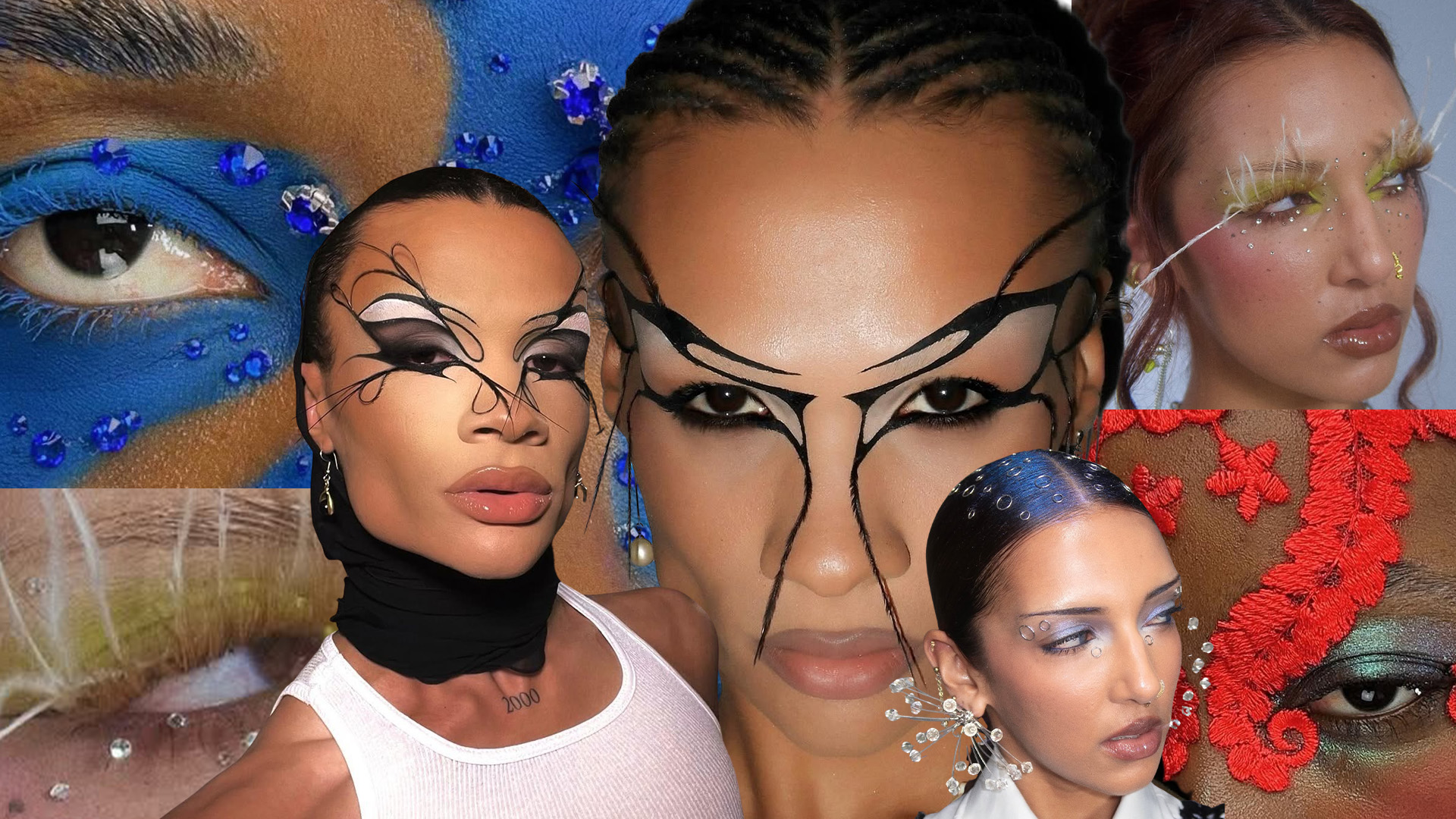 Collage of maximalist makeup looks worn and created by Lynda Florae, Kauv Onazh, and Rowi Singh.