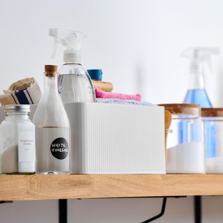 A shelf with cleaning products, tools and supplies