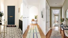 Small entryway floor ideas make the space look flawless. Here are three gorgeous small entryways - one with black and white tiles, one with a colorful runner rug, and one with wooden flooring