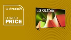 The LG B4 48-inch OLED TV on a yellow background with text saying Lowest Price.