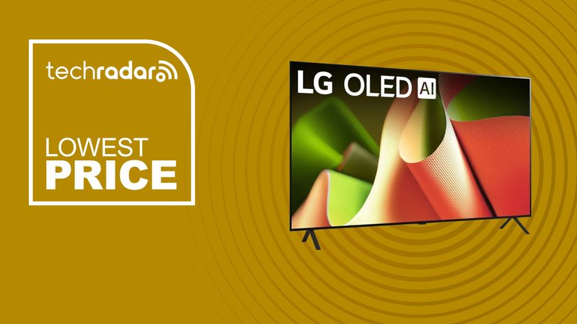 The LG B4 48-inch OLED TV on a yellow background with text saying Lowest Price.