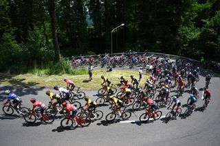 WEINFELDEN SWITZERLAND JUNE 17 A general view of the peloton competing during the 86th Tour de Suisse 2023 Stage 7 a 1835km stage from Tbach to Weinfelden UCIWT on June 17 2023 in Weinfelden Switzerland Photo by Dario BelingheriGetty Images