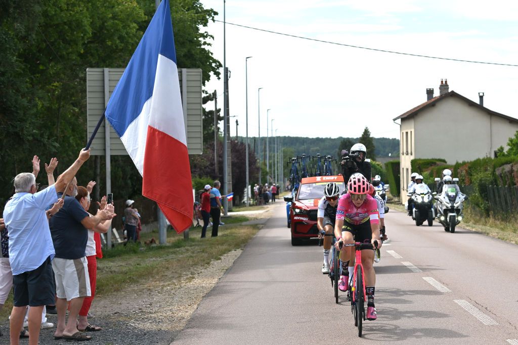 SAINTDIDESVOSGES FRANCE JULY 28 Emily Newsom of United States and Team EF Education Tibco Svb leads the breakaway during the 1st Tour de France Femmes 2022 Stage 5 a 1756km stage from BarleDuc to SaintDidesVosges TDFF UCIWWT on July 28 2022 in SaintDidesVosges France Photo by Dario BelingheriGetty Images