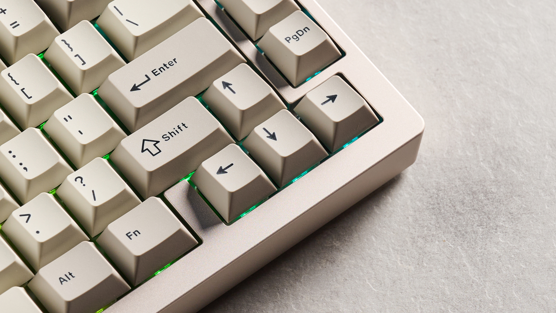 A khaki Epomaker P65 mechanical keyboard with linear switches