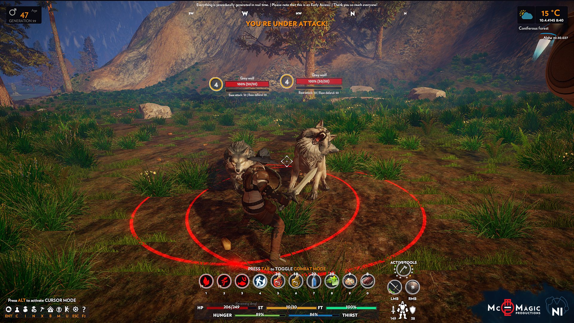 Wolves attacking a hero in the woods