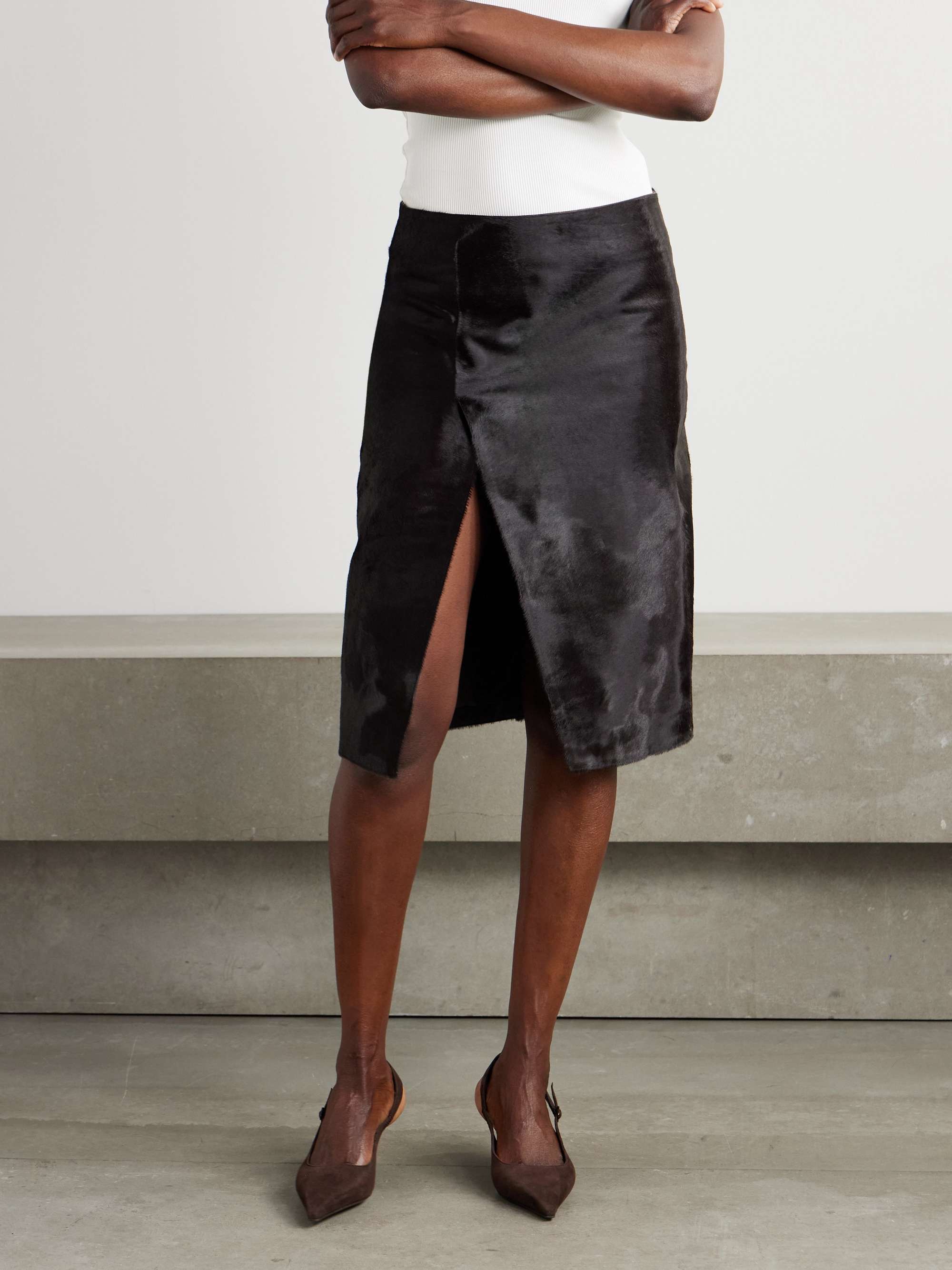 Myra Wrap-Effect Calf Hair Midi Skirt