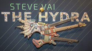 Steve Vai's famous "Hydra" guitar at the Ibanez Guitars booth at 2022 NAMM Show Day 1 at Anaheim Convention Center on June 03, 2022 in Anaheim, California.