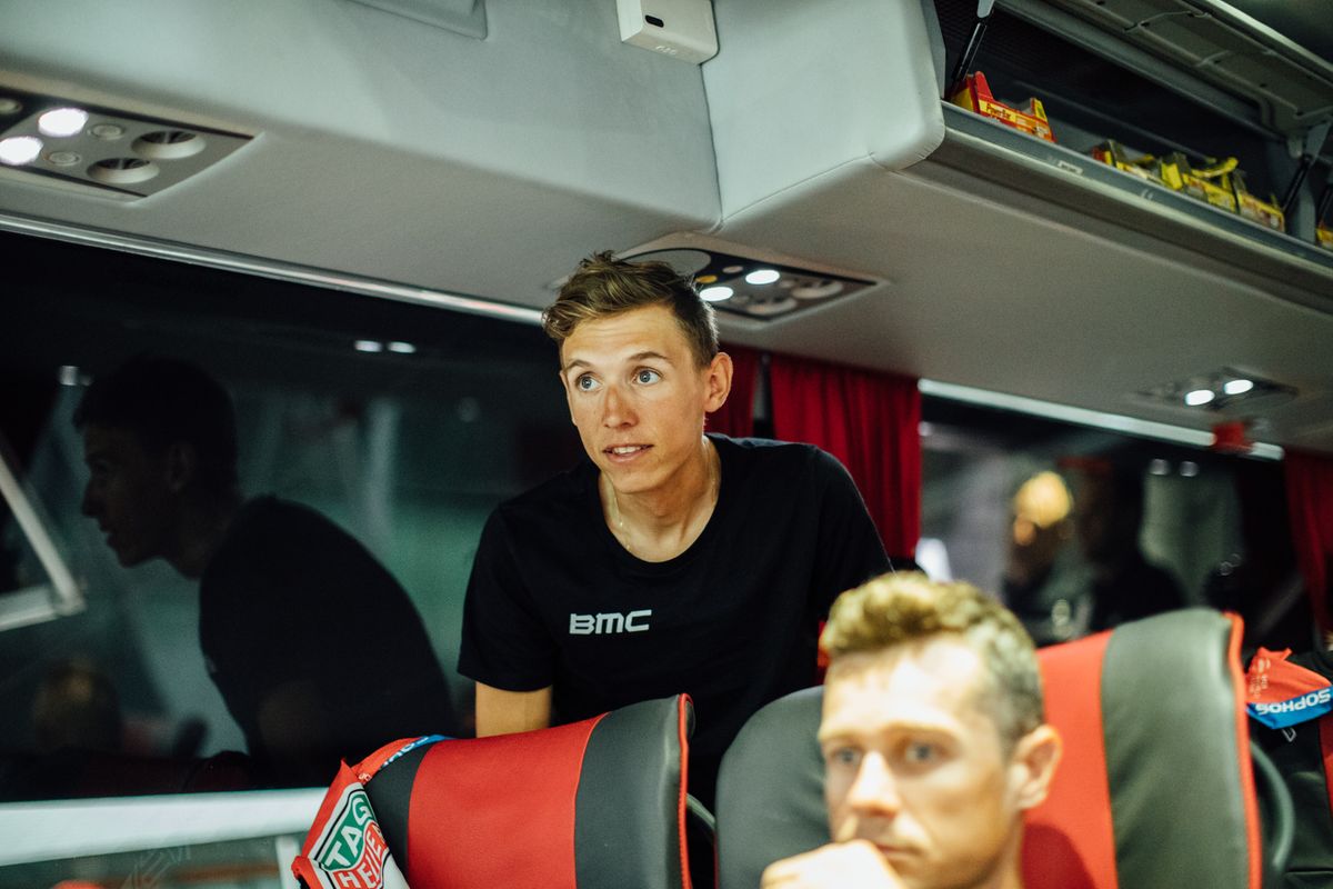 Dylan Teuns on the team bus after stage 15.