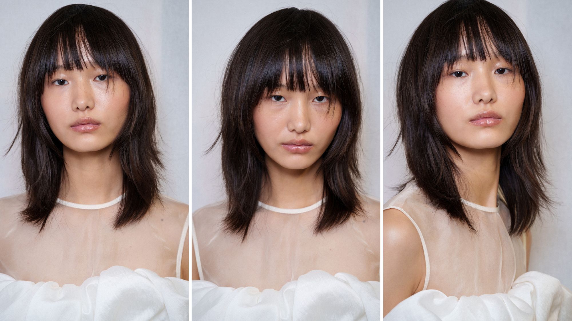 a trio of images of the same model with a 'clavi-cut' backstage at the Aje show