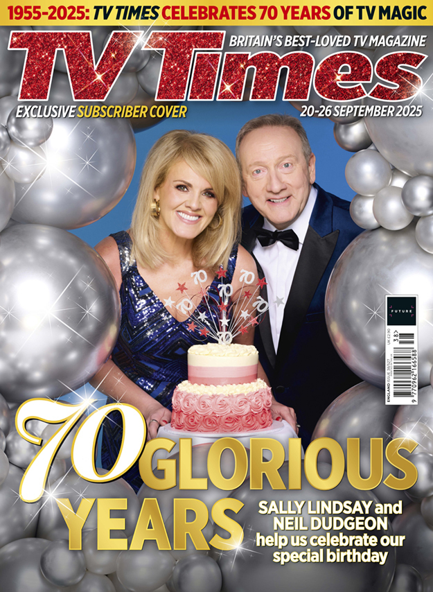 Sally and Neil surrounded by silver balloons for the TV Times 70th anniversary cover