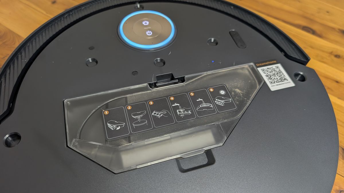 Dreame Matrix10 Ultra robovac with top cover off, showing dust bin