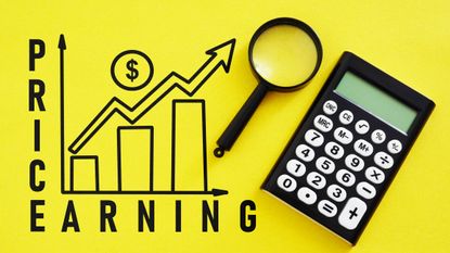 price and earnings growth ratio chart with magnifying glass and calculator on bright yellow background