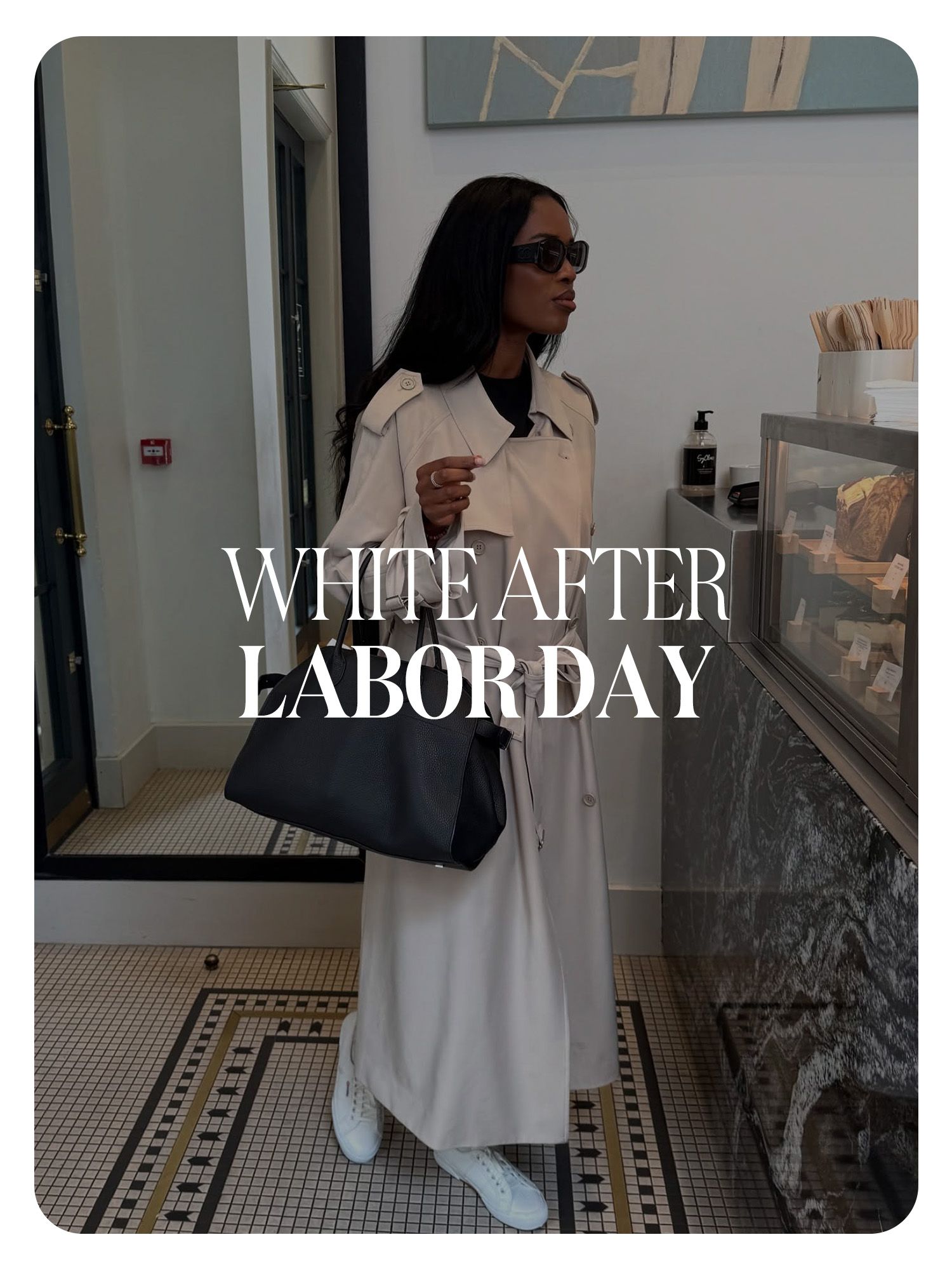 @nlmarilyn wearing a trench coat, The Row bag, and white sneakers at a coffee shop. Text reads, "White After Labor Day."