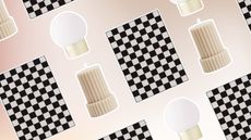Checkerboard rug, lamp, and pillar candle on neutral background