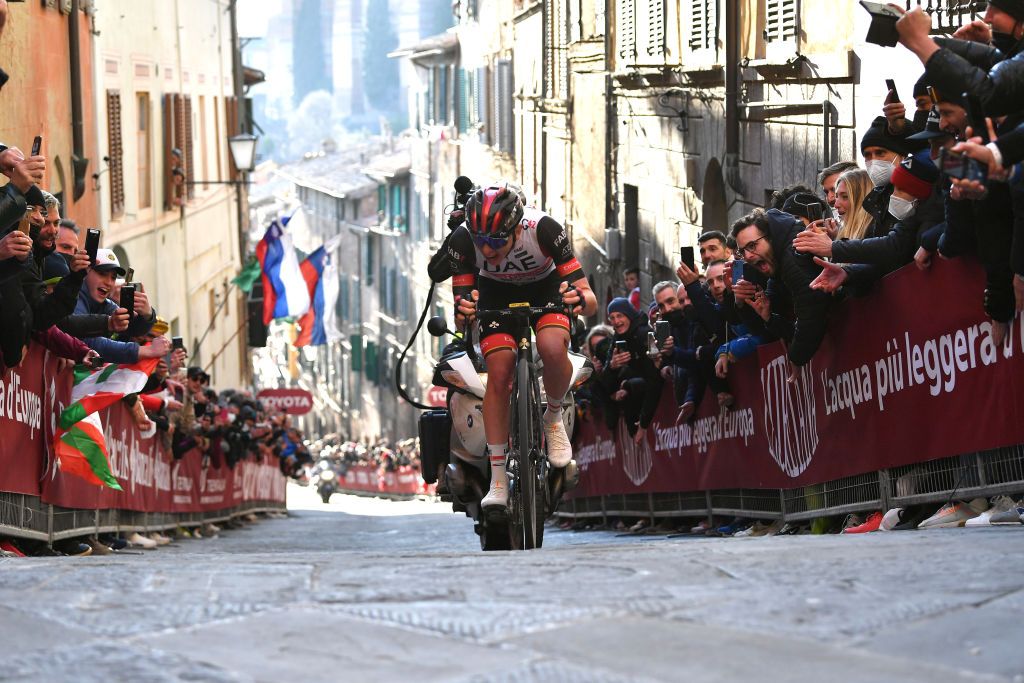 SIENA ITALY MARCH 05 Tadej Pogacar of Slovenia and UAE Team Emirates competes in the breakaway during the Eroica 16th Strade Bianche 2022 Mens Elite a 184km one day race from Siena to Siena Piazza del Campo 321m StradeBianche WorldTour on March 05 2022 in Siena Italy Photo by Luc ClaessenGetty Images