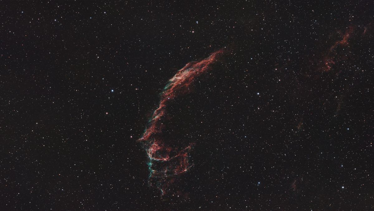 A photograph of the East Veil Nebula, taken with the Dwarf III smart telescope, processed in Pixinsight