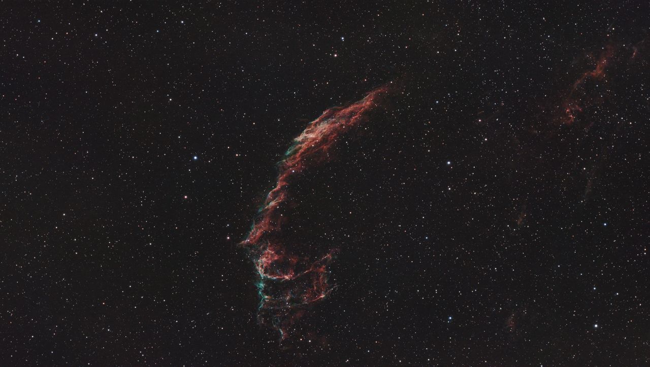 A photograph of the East Veil Nebula, taken with the Dwarf III smart telescope, processed in Pixinsight