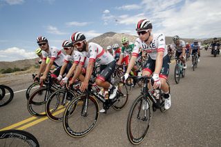UAE Team Emirates ride around Fernando Gaviria during stage 4 in San Juan