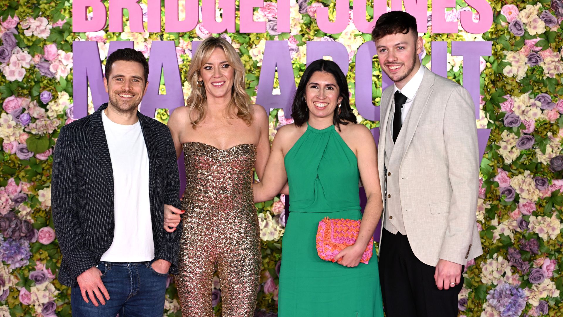 an image of alexander, frankie, charlotte, and jake from the traitors uk season three at a bridget jones premiere