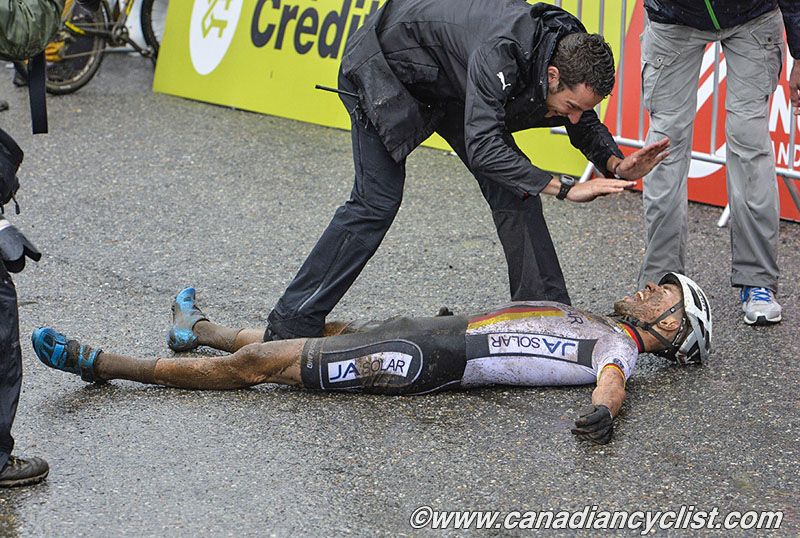 Maximilian Brandl (Germany) collapsed after the finish