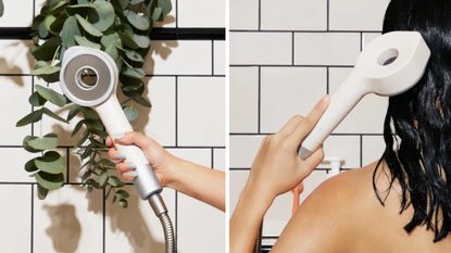 White shower head in bathroom with white tile and eucalyptus