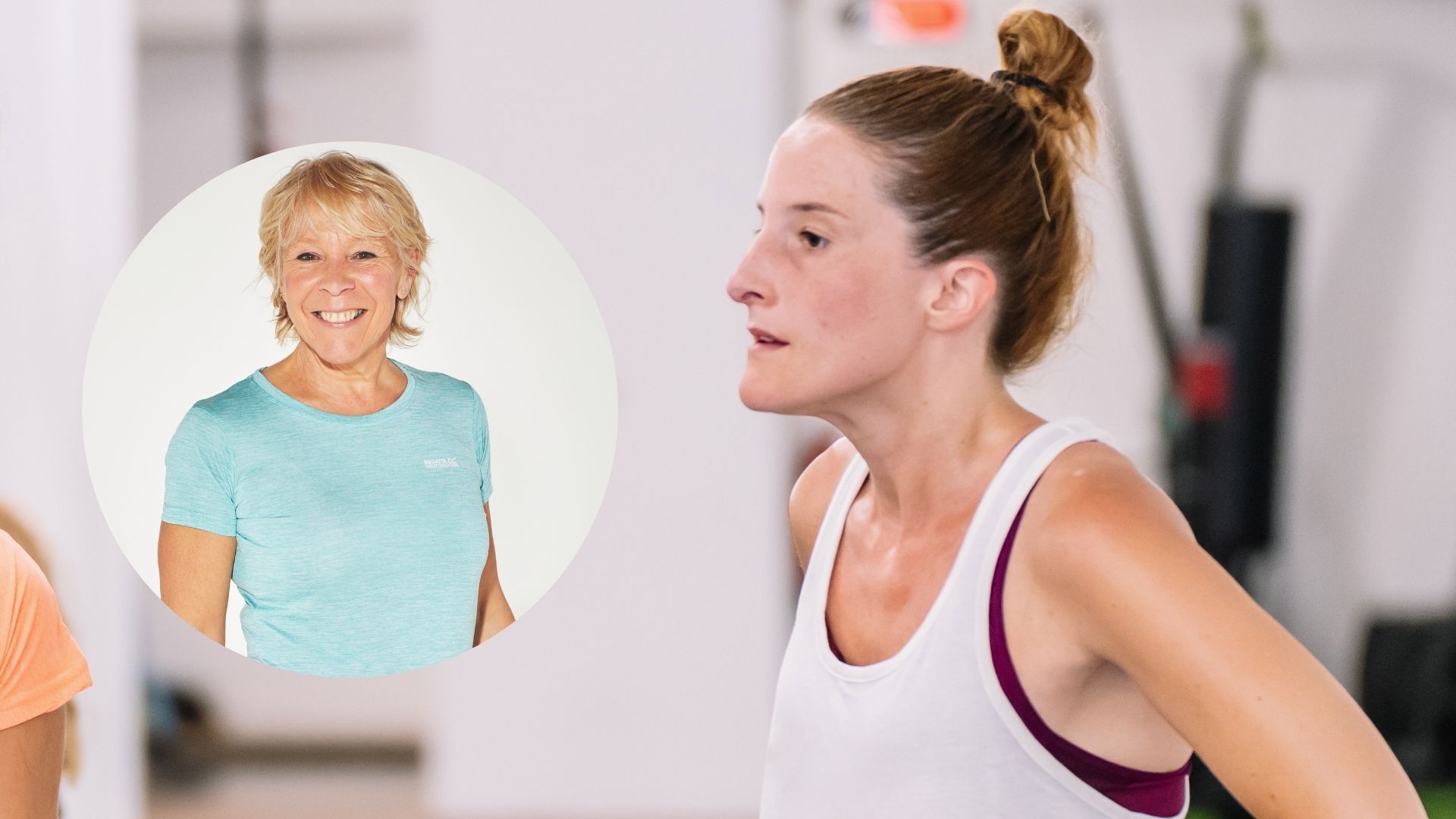 Annie Deadman and woman in gym stock photo composite image