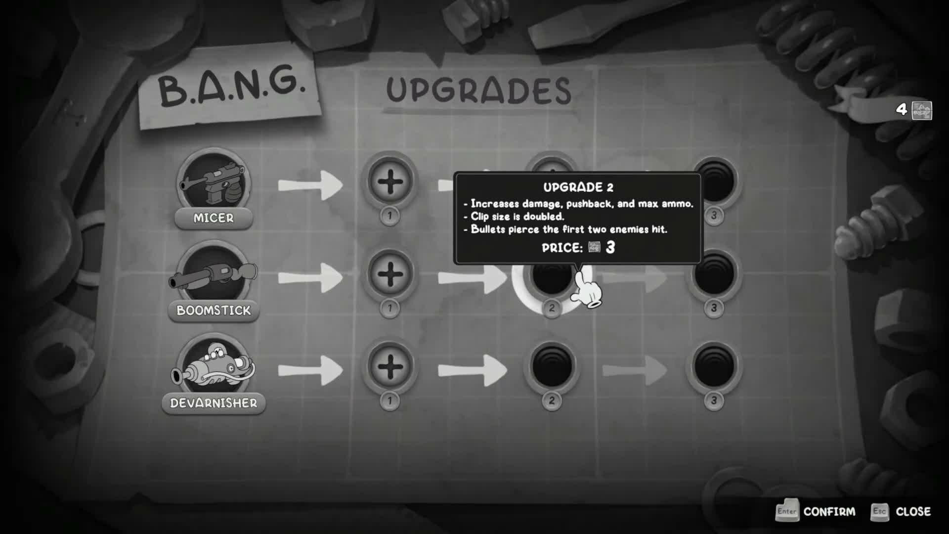The upgrade path in MOUSE: P.I. For Hire, showing the pistol and shotgun.