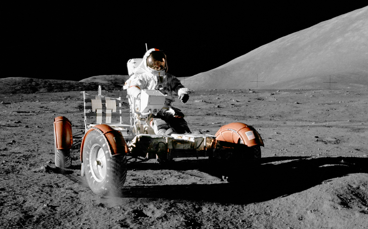 Apollo 17 Astronaut Eugene Cernan drives the Lunar Roving Vehicle across the moon&#039;s surface in December 1973. Thirteen months later, the moonquake hit.