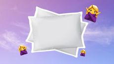 Two pillows on a purple sky background with girl with crossed arm emojis around them
