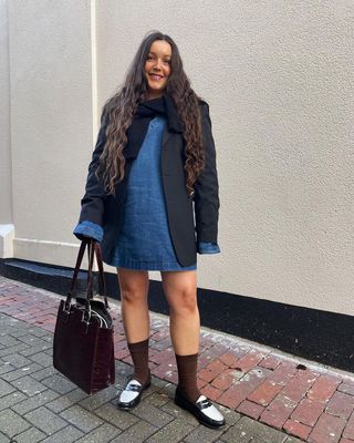 Denim dress with loafers and socks outfit